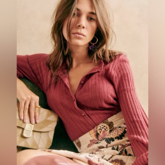 EUC Sezane Louis Ruffle Sleeve Cardigan in Rosewood Pink Merino Wool | size L - Picture 2 of 10